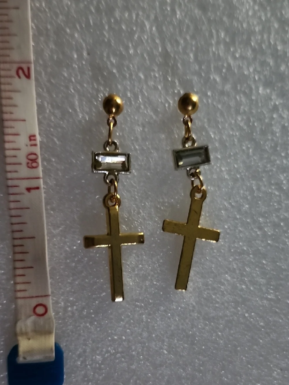 Hand Crafted Gold Cross Drop Earrings with Clear Stone